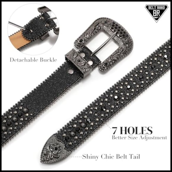 Rhinestone Belt with Detachable Buckle for Women and Men, Leather Material main image 5